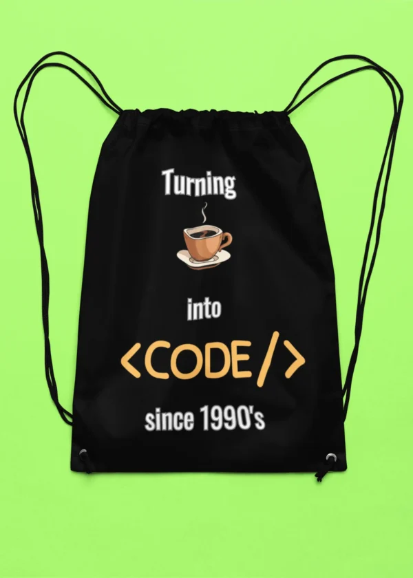 Turning Coffee to Code Since the 1990s Drawstring Bag
